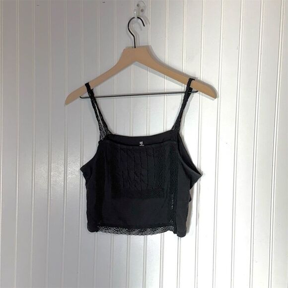 Me to We Essentials Black Lace Trim Tank Top S Cotton Cropped Y2K Indie Grunge - Picture 1 of 9